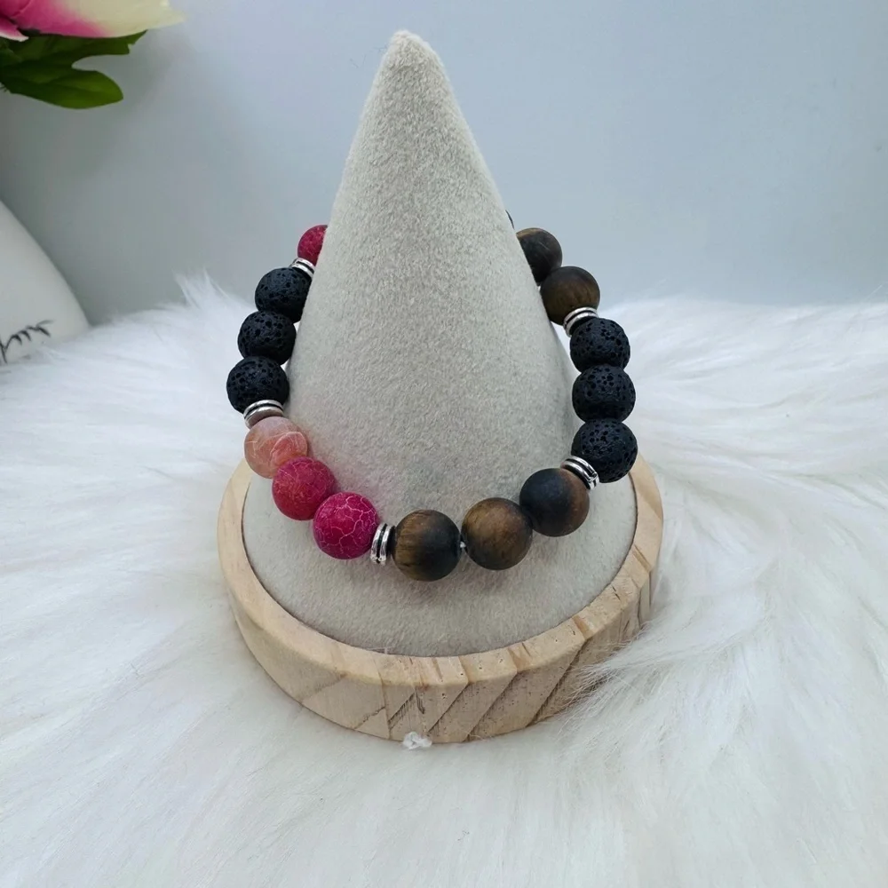 Natural Stone Beaded Bracelet – Lava Rock, Wooden & Pink Crackle Agate